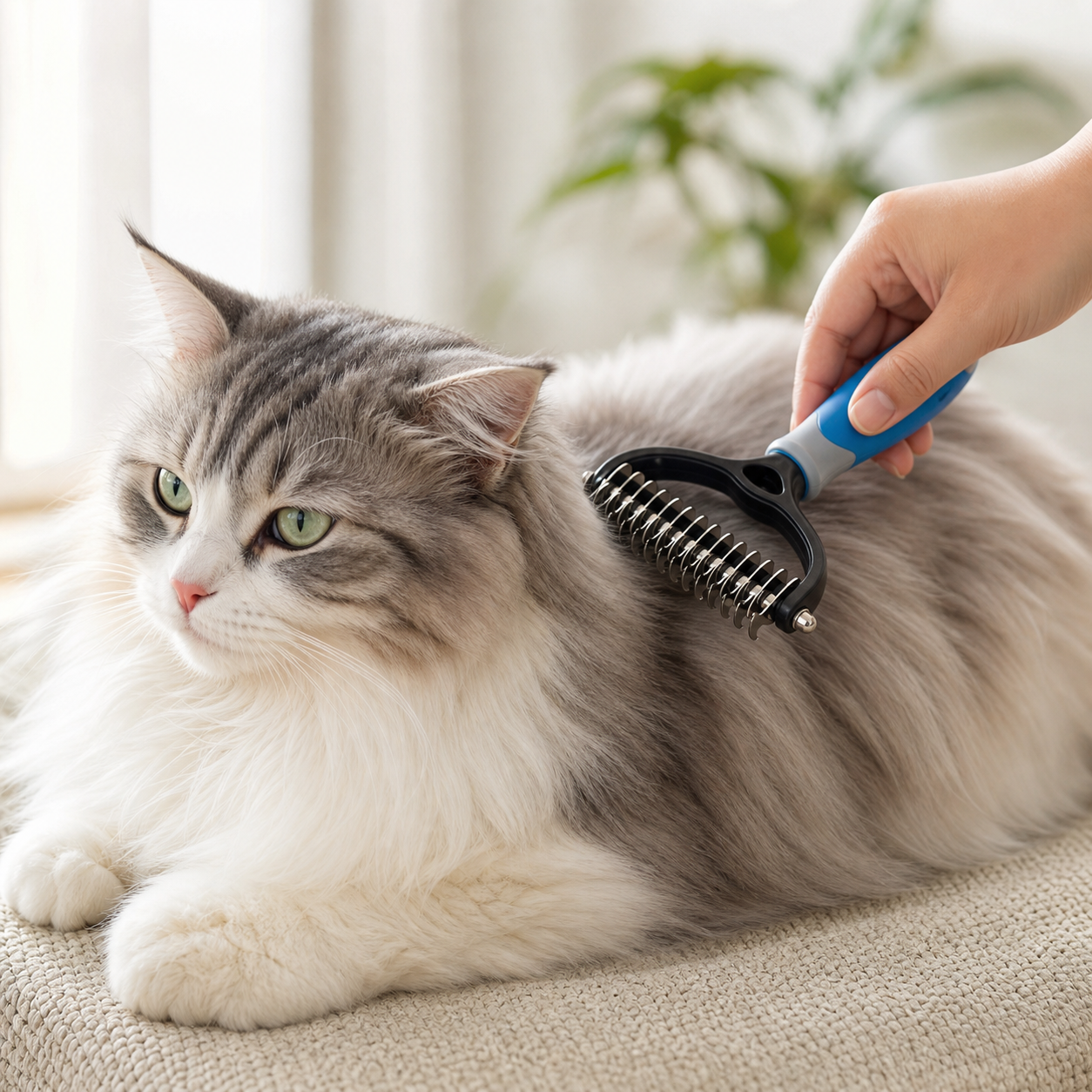 Long-haired cat being gently groomed with a blue deshedding rake