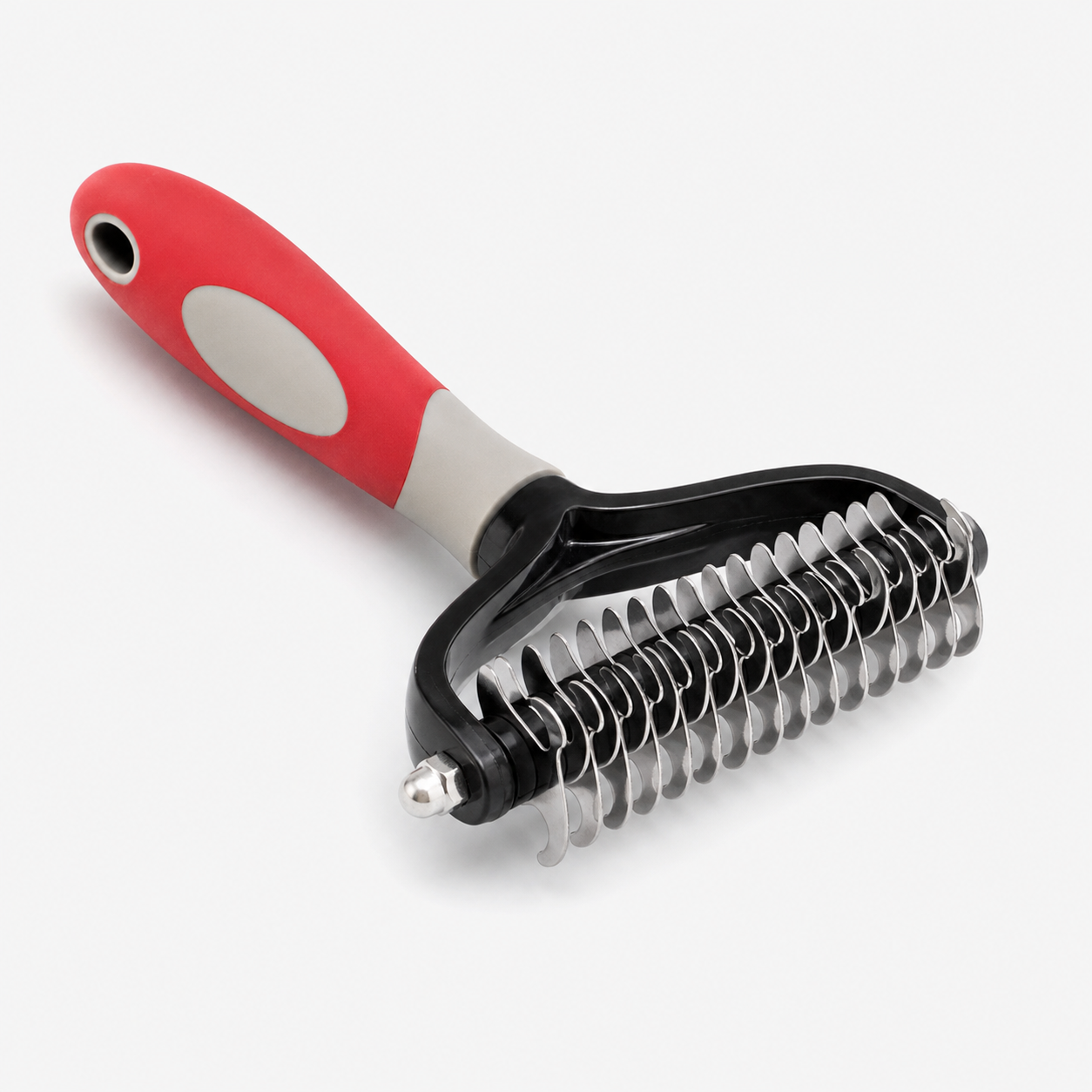 Red and black 2-in-1 pet deshedding and dematting rake