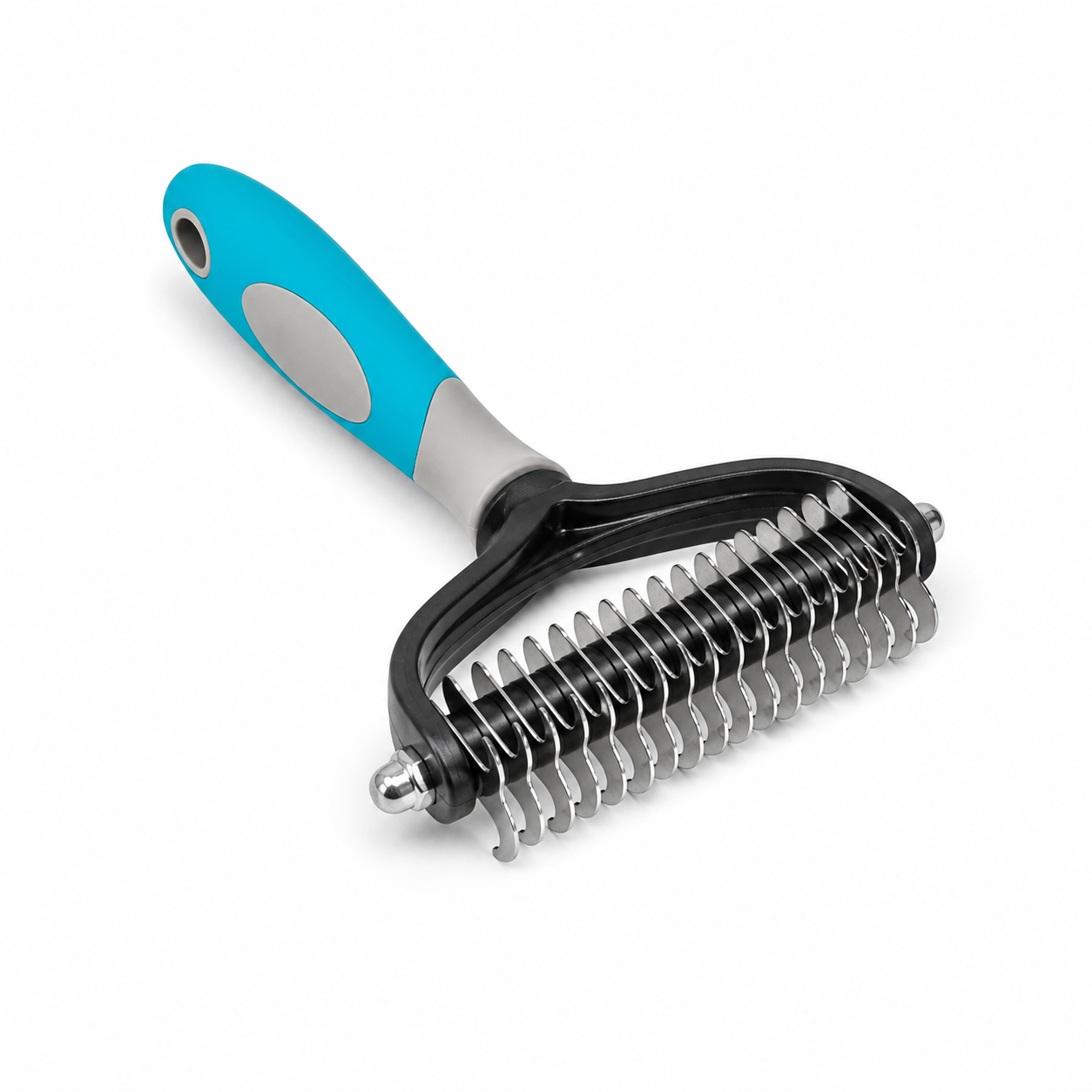 Blue and black 2-in-1 pet deshedding and dematting rake