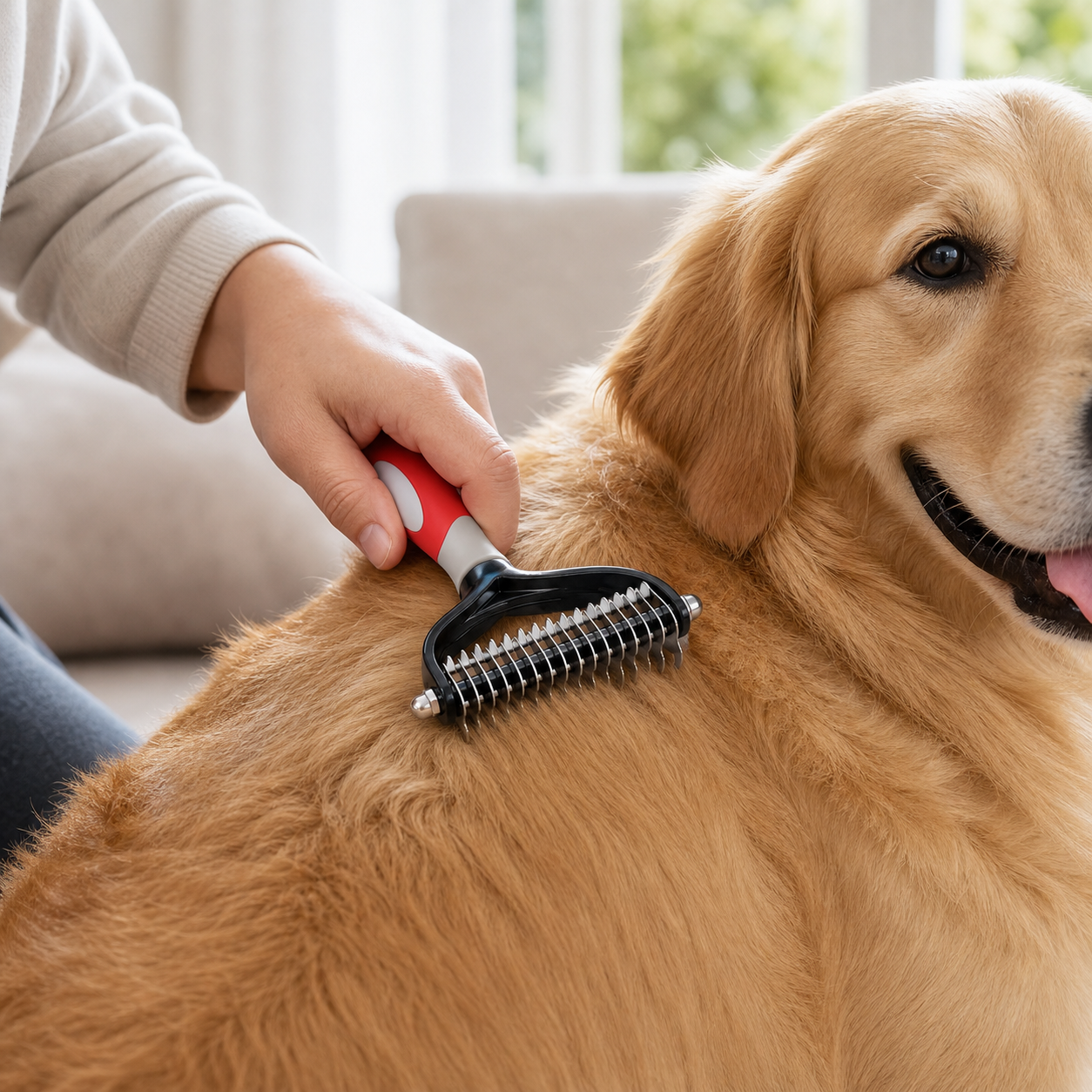 Golden retriever being gently groomed with a deshedding rake