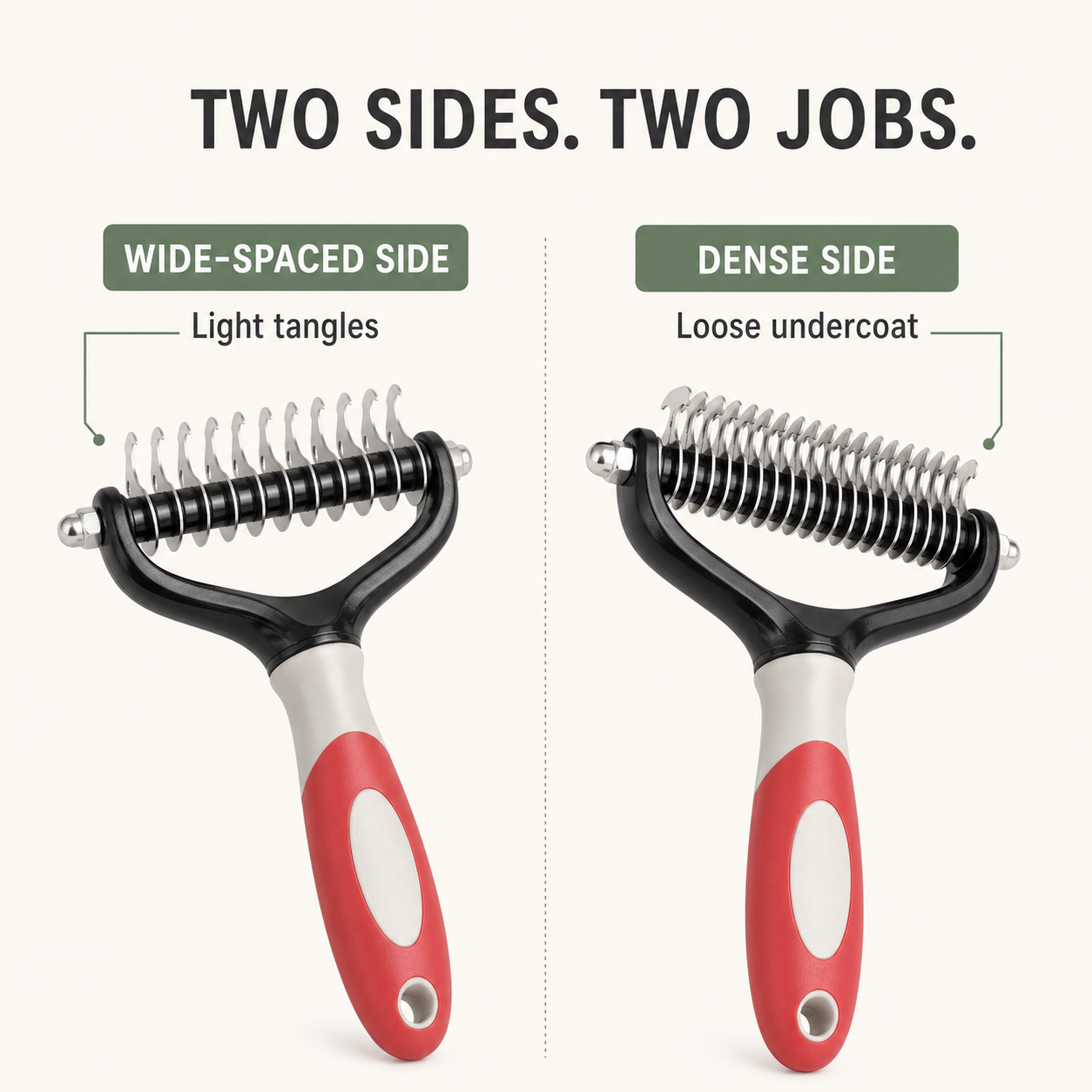 Two-sided pet rake for light tangles and loose undercoat