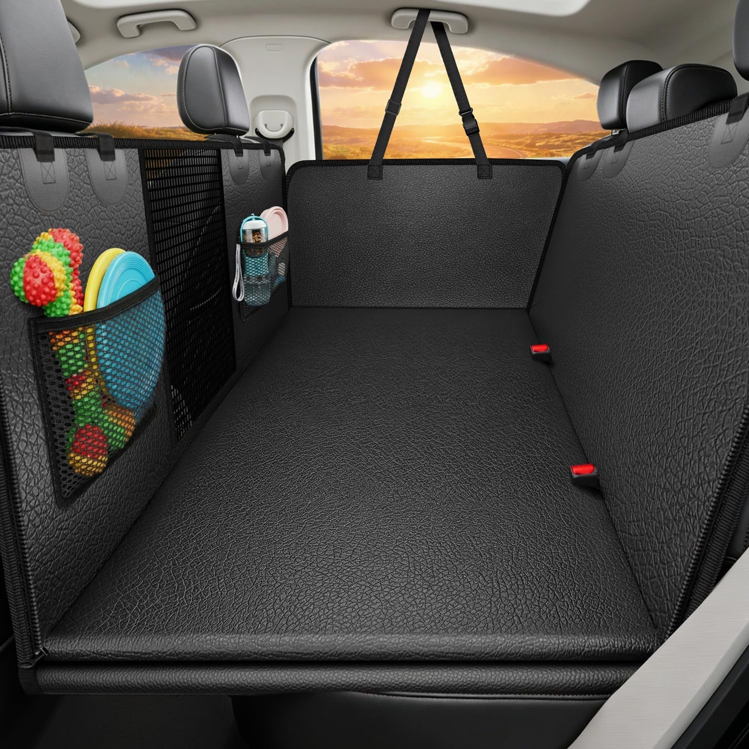 Upgraded PU Leather Back Seat Extender for Dogs - Large Hard Bottom Dog Car Seat Cover Holds 550Lbs, Waterproof Dog Hammock Pet Bed with High-Density Foam Non-Slip Backseat Protector