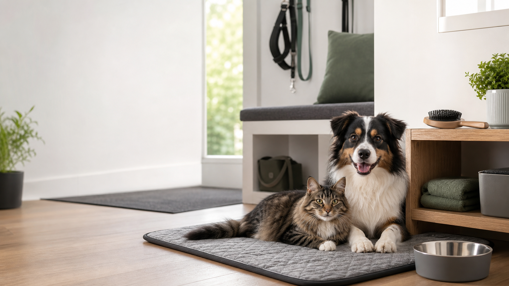 Dog and cat with practical pet care essentials in a bright home